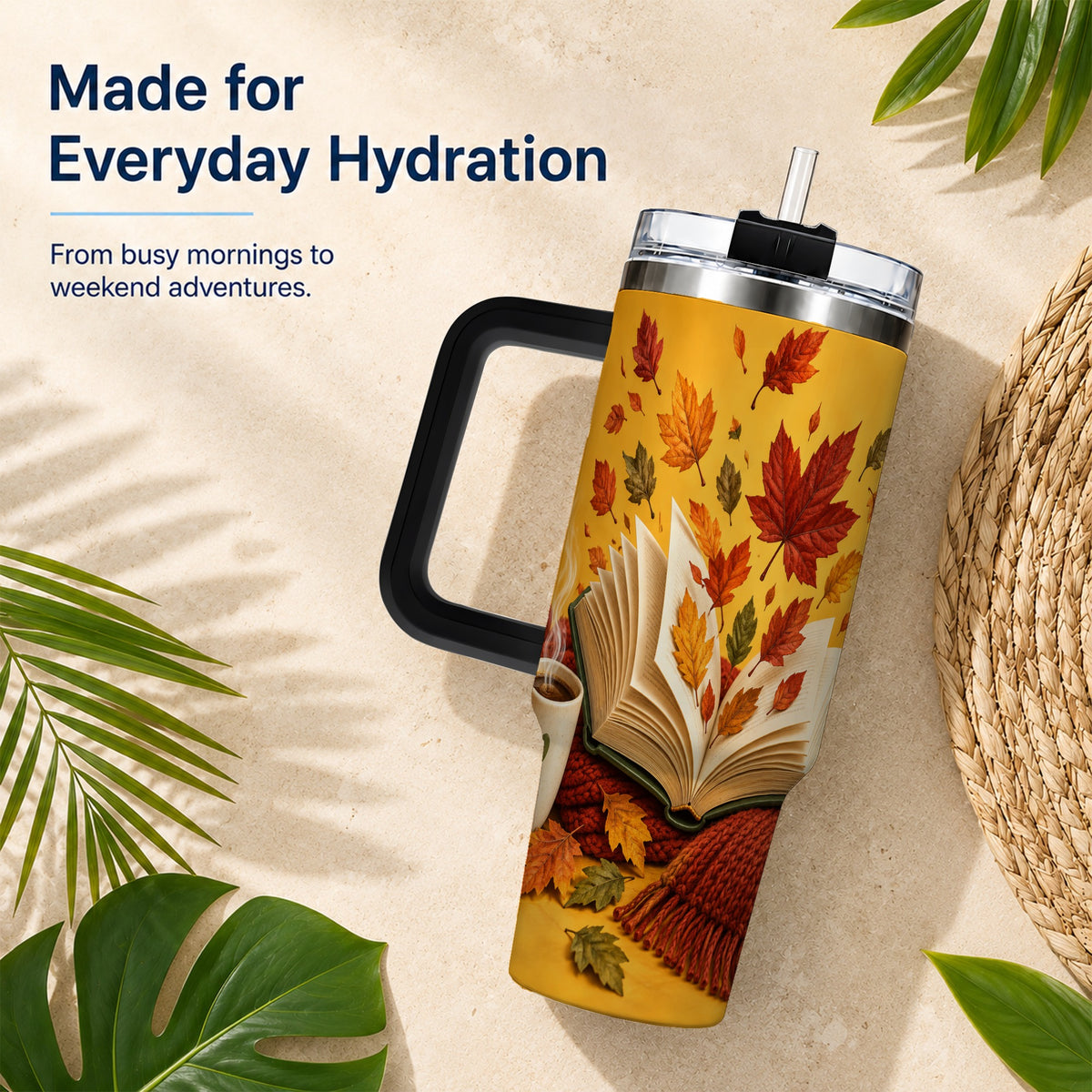 #pl[40oz|Black] Autumn Reading 40oz Tumbler with Handle, Cozy Book Stainless Steel Cup