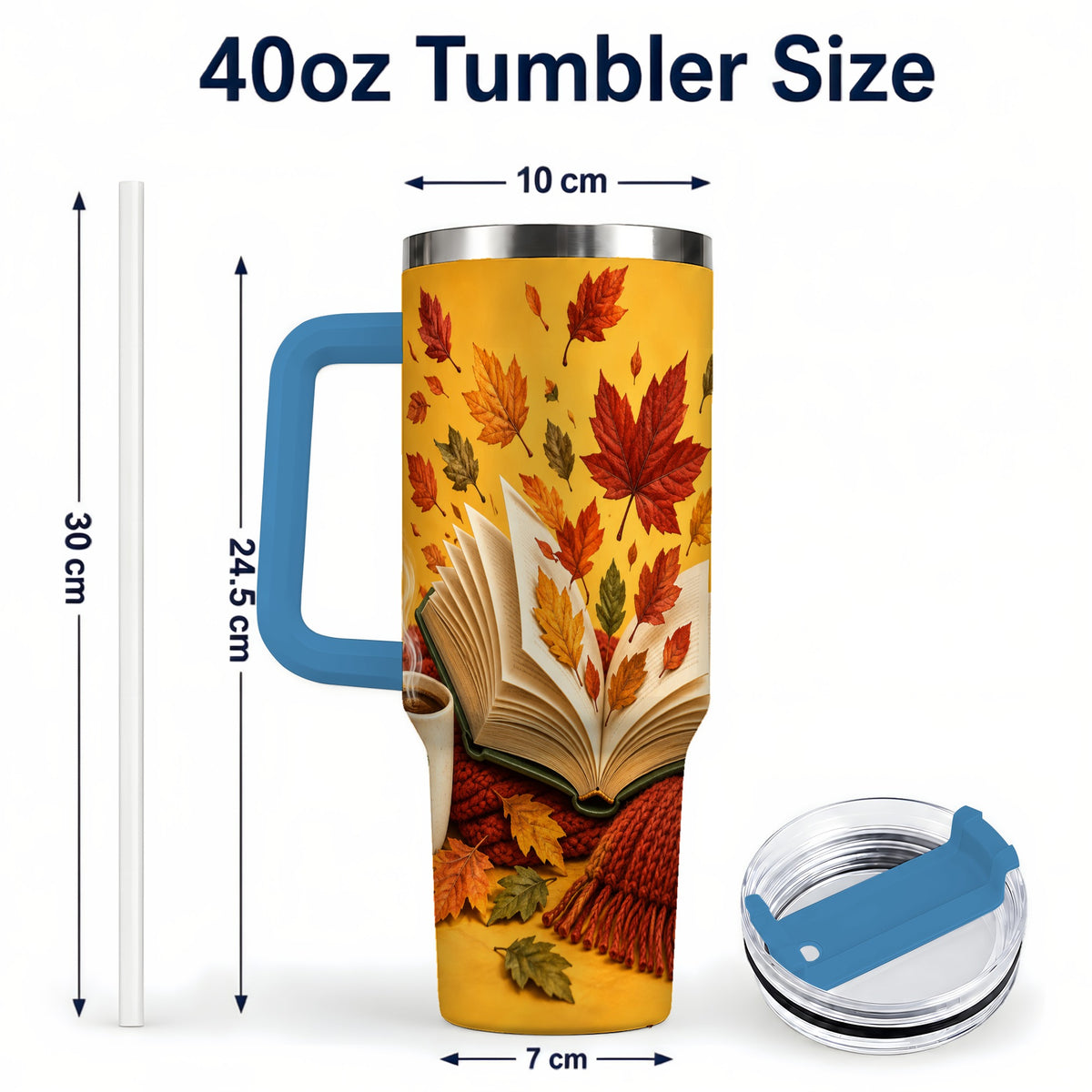 #pl[40oz|Blue] Autumn Reading 40oz Tumbler with Handle, Cozy Book Stainless Steel Cup