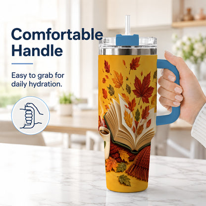 #pl[40oz|Blue] Autumn Reading 40oz Tumbler with Handle, Cozy Book Stainless Steel Cup