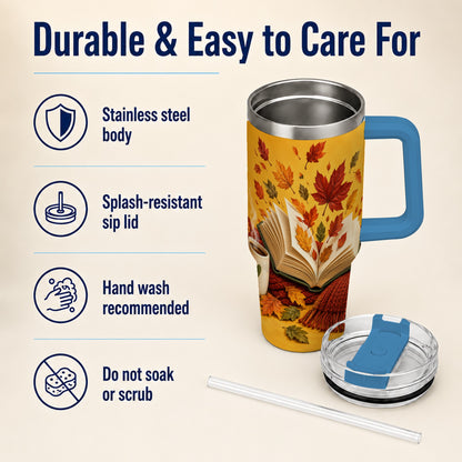 #pl[40oz|Blue] Autumn Reading 40oz Tumbler with Handle, Cozy Book Stainless Steel Cup