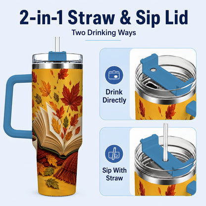 #pl[40oz|Blue] Autumn Reading 40oz Tumbler with Handle, Cozy Book Stainless Steel Cup