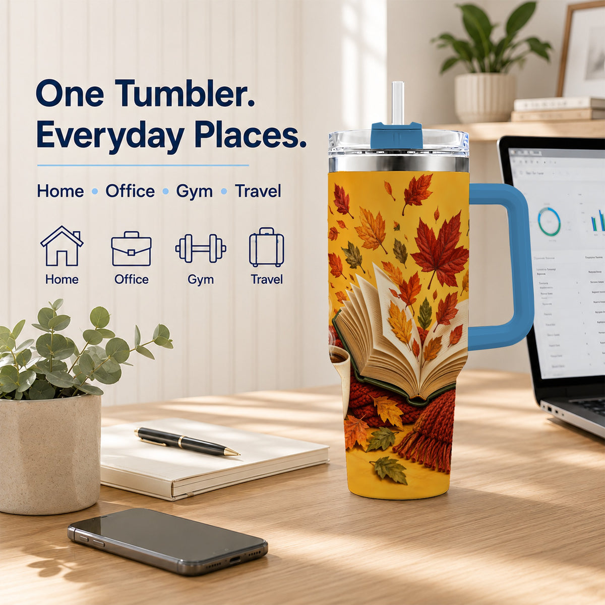 #pl[40oz|Blue] Autumn Reading 40oz Tumbler with Handle, Cozy Book Stainless Steel Cup