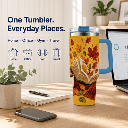 #pl[40oz|Blue] Autumn Reading 40oz Tumbler with Handle, Cozy Book Stainless Steel Cup