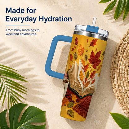 #pl[40oz|Blue] Autumn Reading 40oz Tumbler with Handle, Cozy Book Stainless Steel Cup
