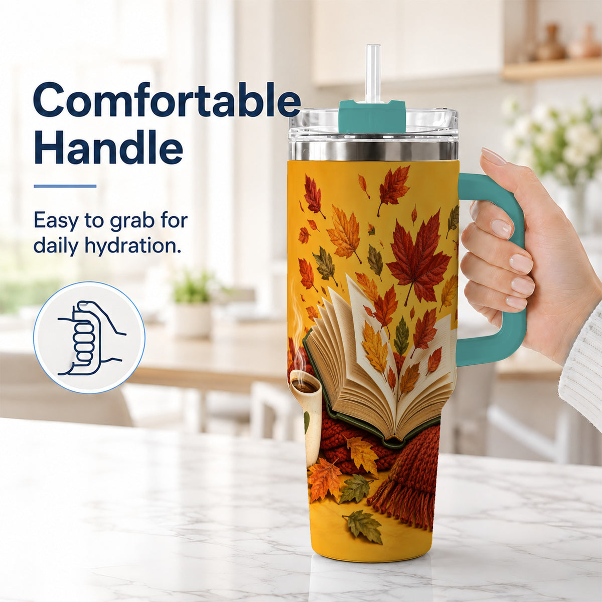 #pl[40oz|Green] Autumn Reading 40oz Tumbler with Handle, Cozy Book Stainless Steel Cup