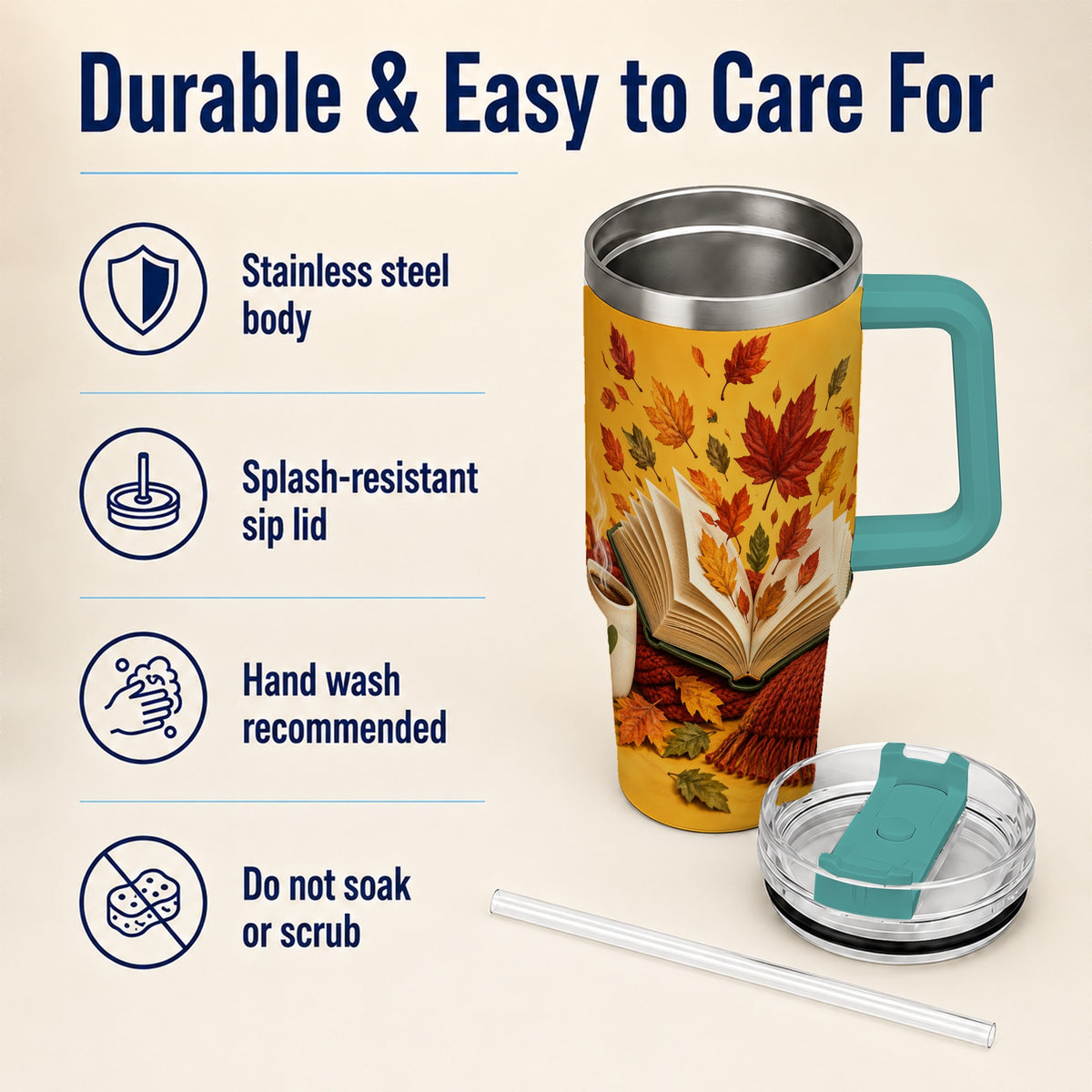 #pl[40oz|Green] Autumn Reading 40oz Tumbler with Handle, Cozy Book Stainless Steel Cup