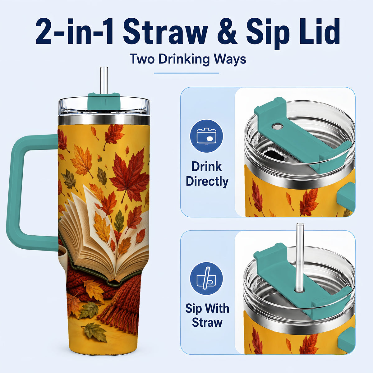 #pl[40oz|Green] Autumn Reading 40oz Tumbler with Handle, Cozy Book Stainless Steel Cup
