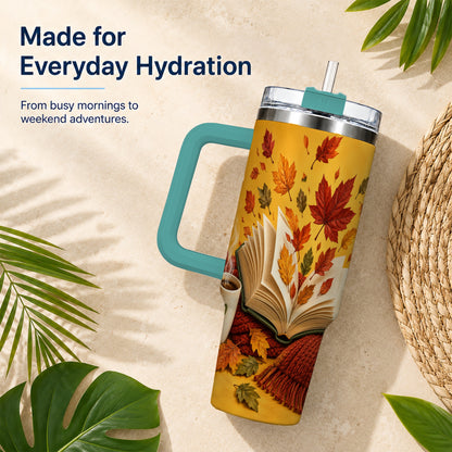 #pl[40oz|Green] Autumn Reading 40oz Tumbler with Handle, Cozy Book Stainless Steel Cup