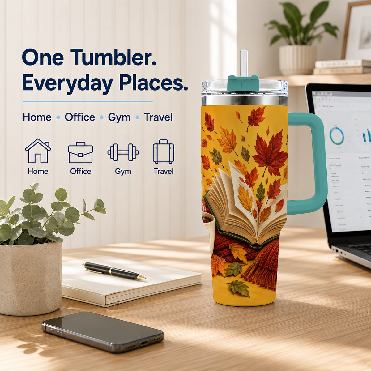 #pl[40oz|Green] Autumn Reading 40oz Tumbler with Handle, Cozy Book Stainless Steel Cup