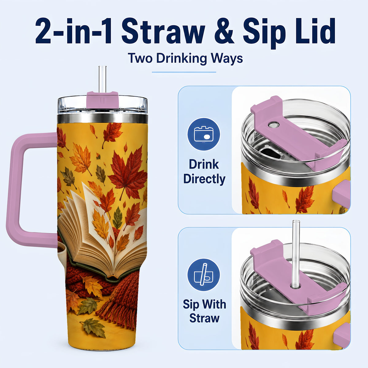 #pl[40oz|Pink] Autumn Reading 40oz Tumbler with Handle, Cozy Book Stainless Steel Cup