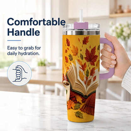 #pl[40oz|Pink] Autumn Reading 40oz Tumbler with Handle, Cozy Book Stainless Steel Cup
