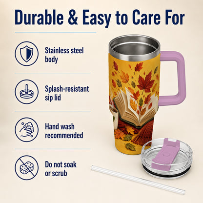 #pl[40oz|Pink] Autumn Reading 40oz Tumbler with Handle, Cozy Book Stainless Steel Cup