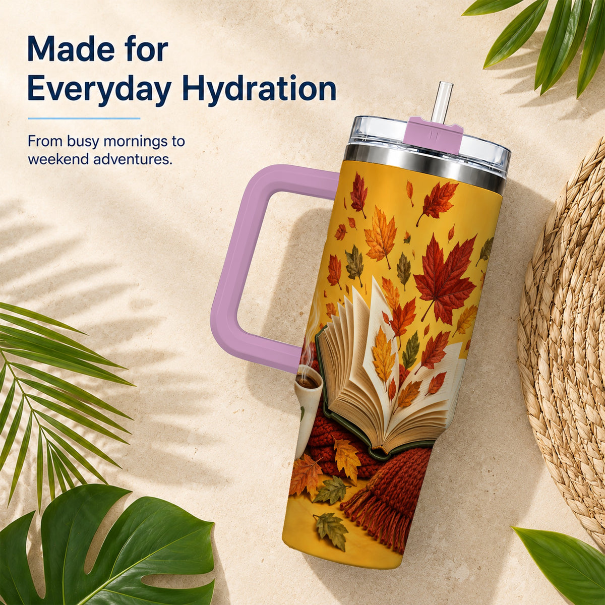 #pl[40oz|Pink] Autumn Reading 40oz Tumbler with Handle, Cozy Book Stainless Steel Cup