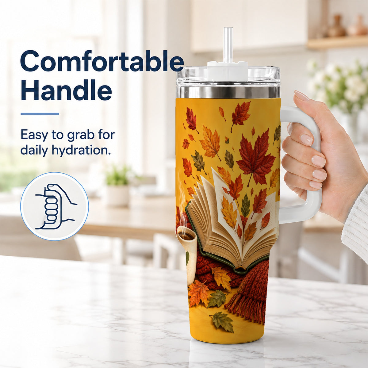 #pl[40oz|White] Autumn Reading 40oz Tumbler with Handle, Cozy Book Stainless Steel Cup