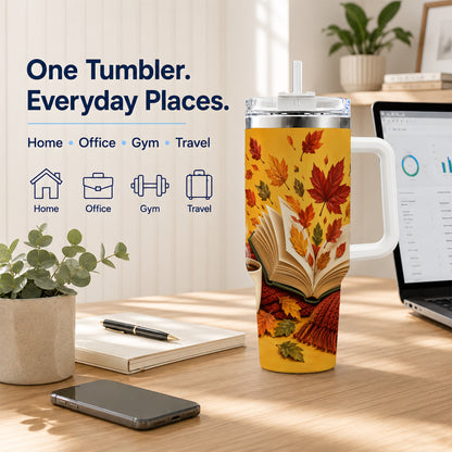 #pl[40oz|White] Autumn Reading 40oz Tumbler with Handle, Cozy Book Stainless Steel Cup