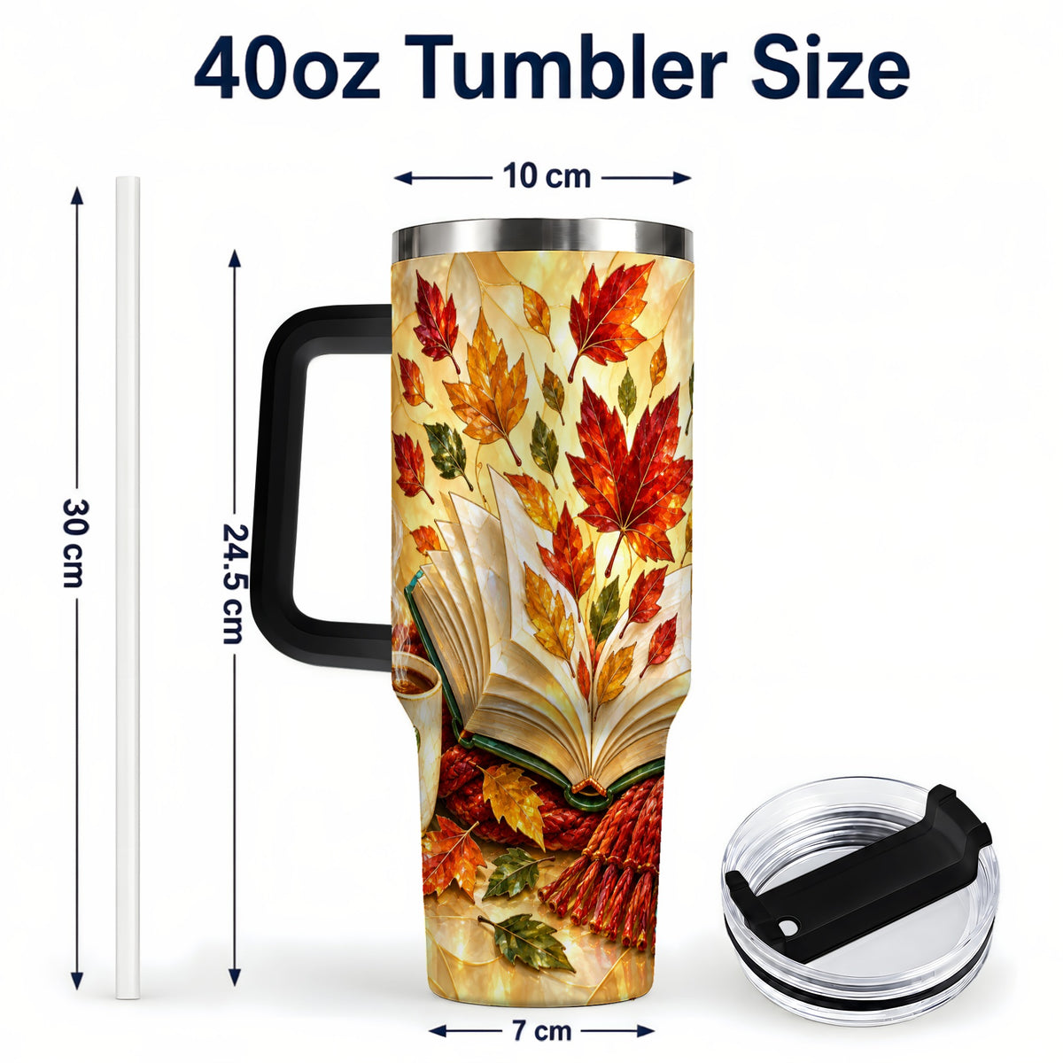 #pl[40oz|Black] Autumn Book 40oz Tumbler with Handle, Stained Glass Style Steel Cup