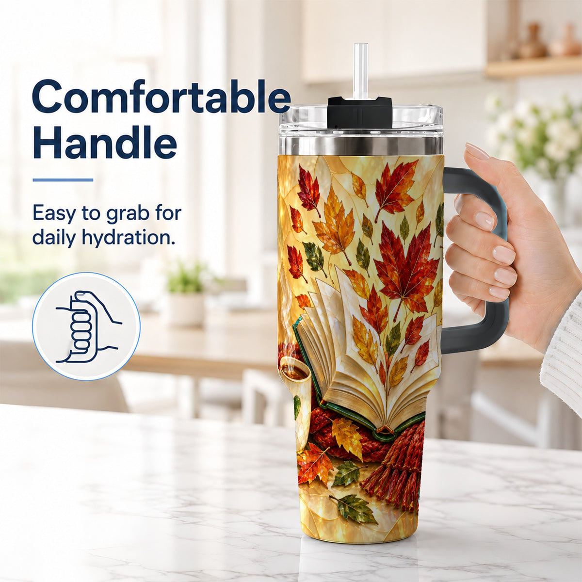 #pl[40oz|Black] Autumn Book 40oz Tumbler with Handle, Stained Glass Style Steel Cup