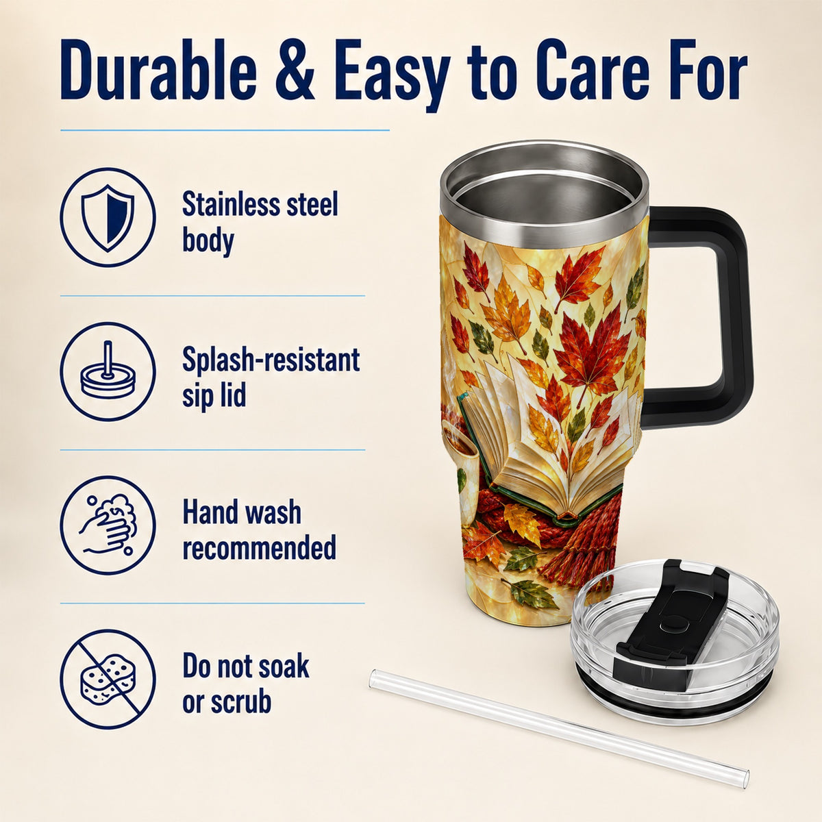 #pl[40oz|Black] Autumn Book 40oz Tumbler with Handle, Stained Glass Style Steel Cup