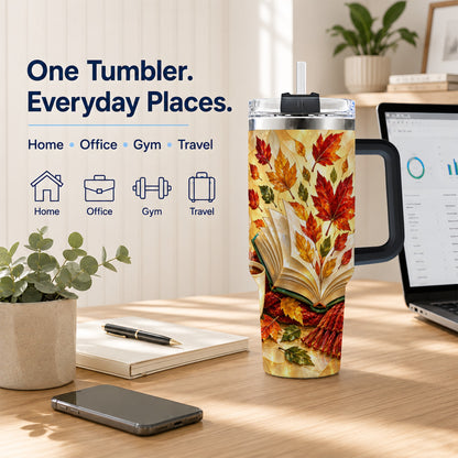 #pl[40oz|Black] Autumn Book 40oz Tumbler with Handle, Stained Glass Style Steel Cup