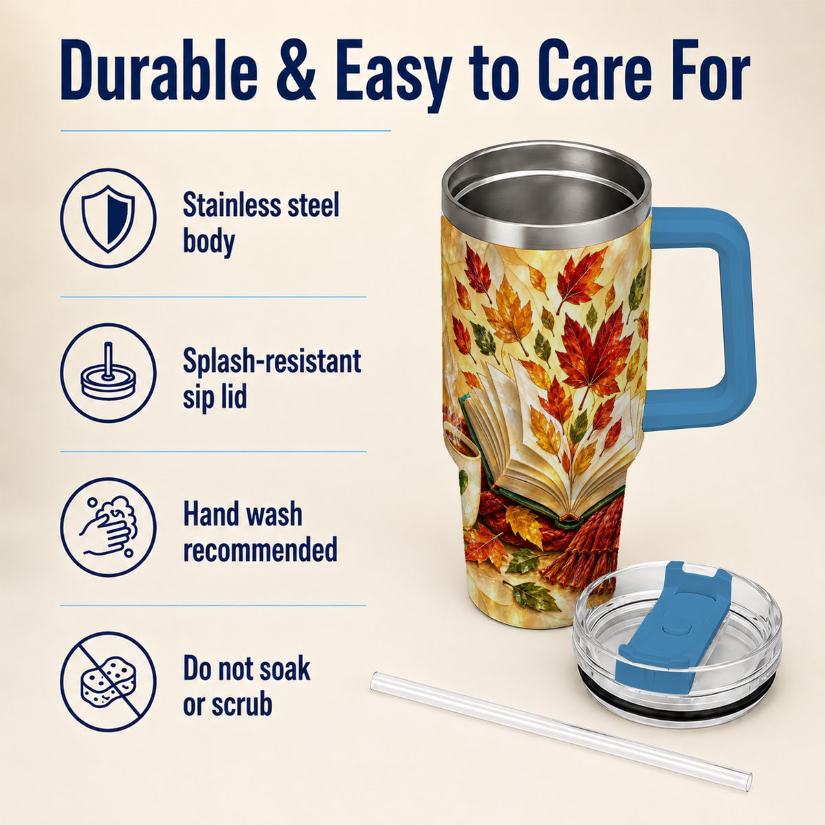 #pl[40oz|Blue] Autumn Book 40oz Tumbler with Handle, Stained Glass Style Steel Cup