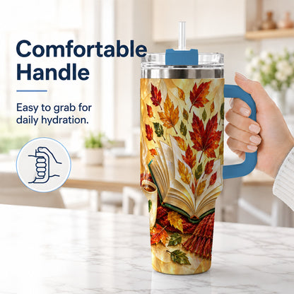 #pl[40oz|Blue] Autumn Book 40oz Tumbler with Handle, Stained Glass Style Steel Cup