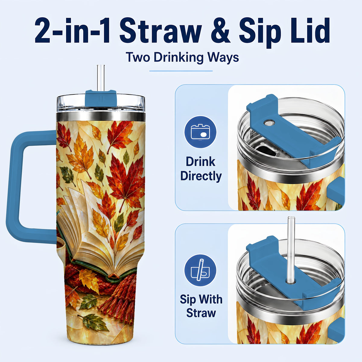 #pl[40oz|Blue] Autumn Book 40oz Tumbler with Handle, Stained Glass Style Steel Cup