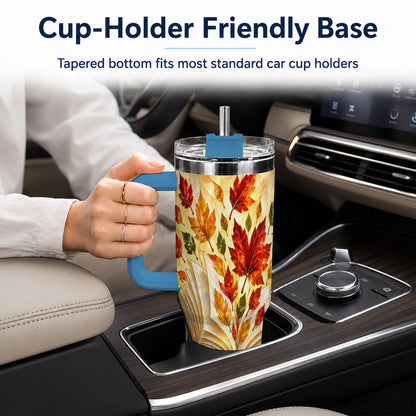 #pl[40oz|Blue] Autumn Book 40oz Tumbler with Handle, Stained Glass Style Steel Cup