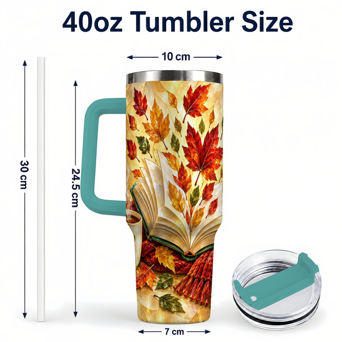 #pl[40oz|Green] Autumn Book 40oz Tumbler with Handle, Stained Glass Style Steel Cup