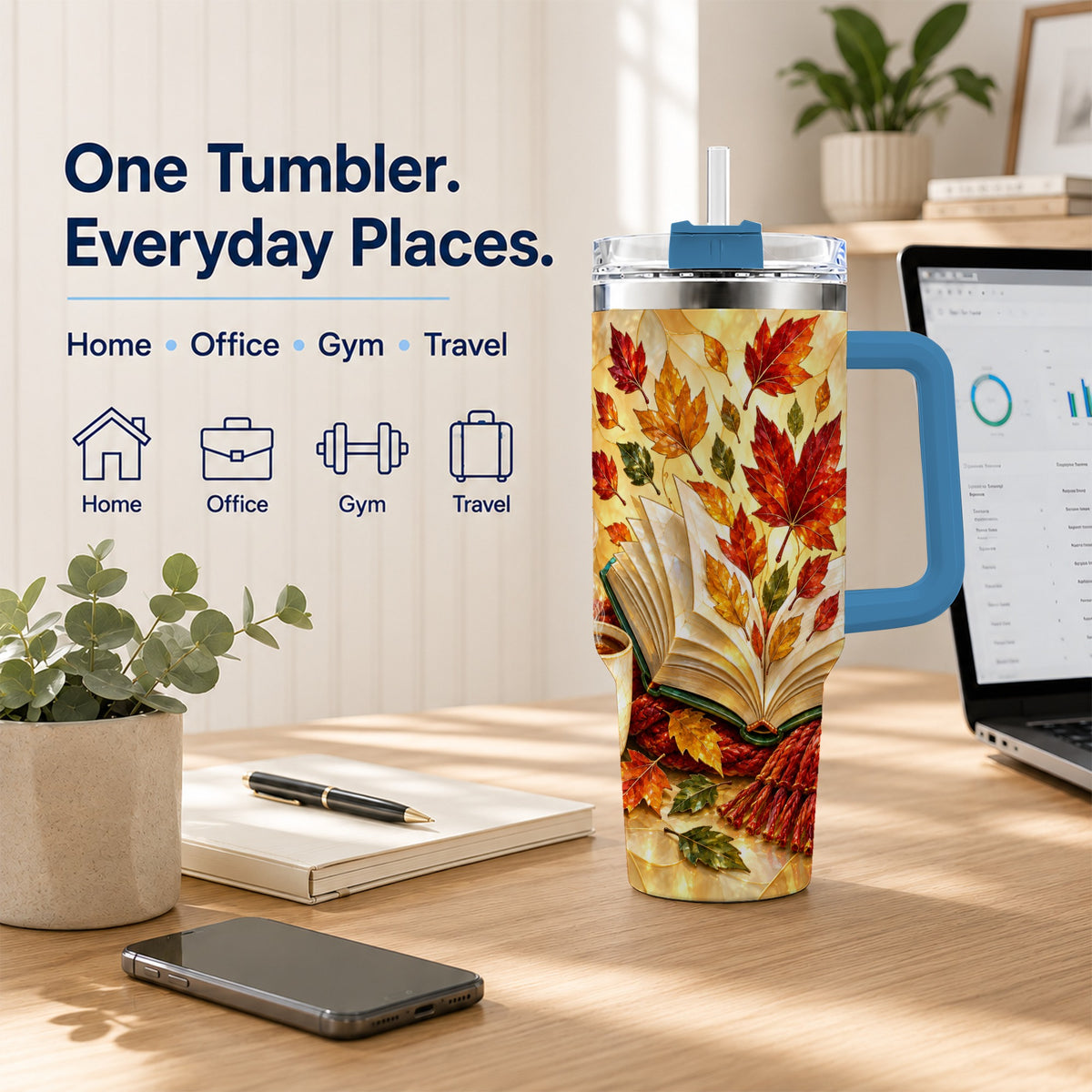 #pl[40oz|Blue] Autumn Book 40oz Tumbler with Handle, Stained Glass Style Steel Cup