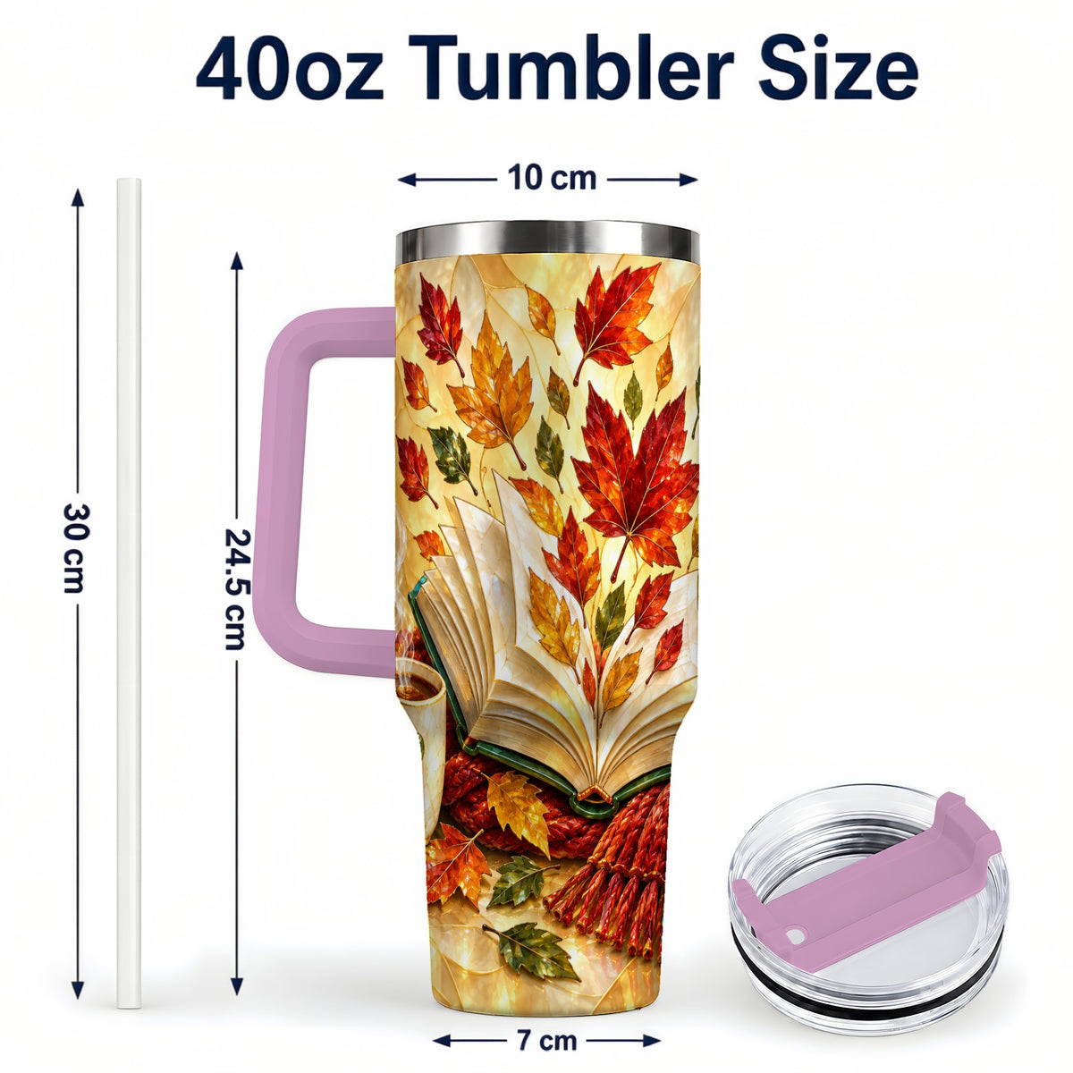 #pl[40oz|Pink] Autumn Book 40oz Tumbler with Handle, Stained Glass Style Steel Cup