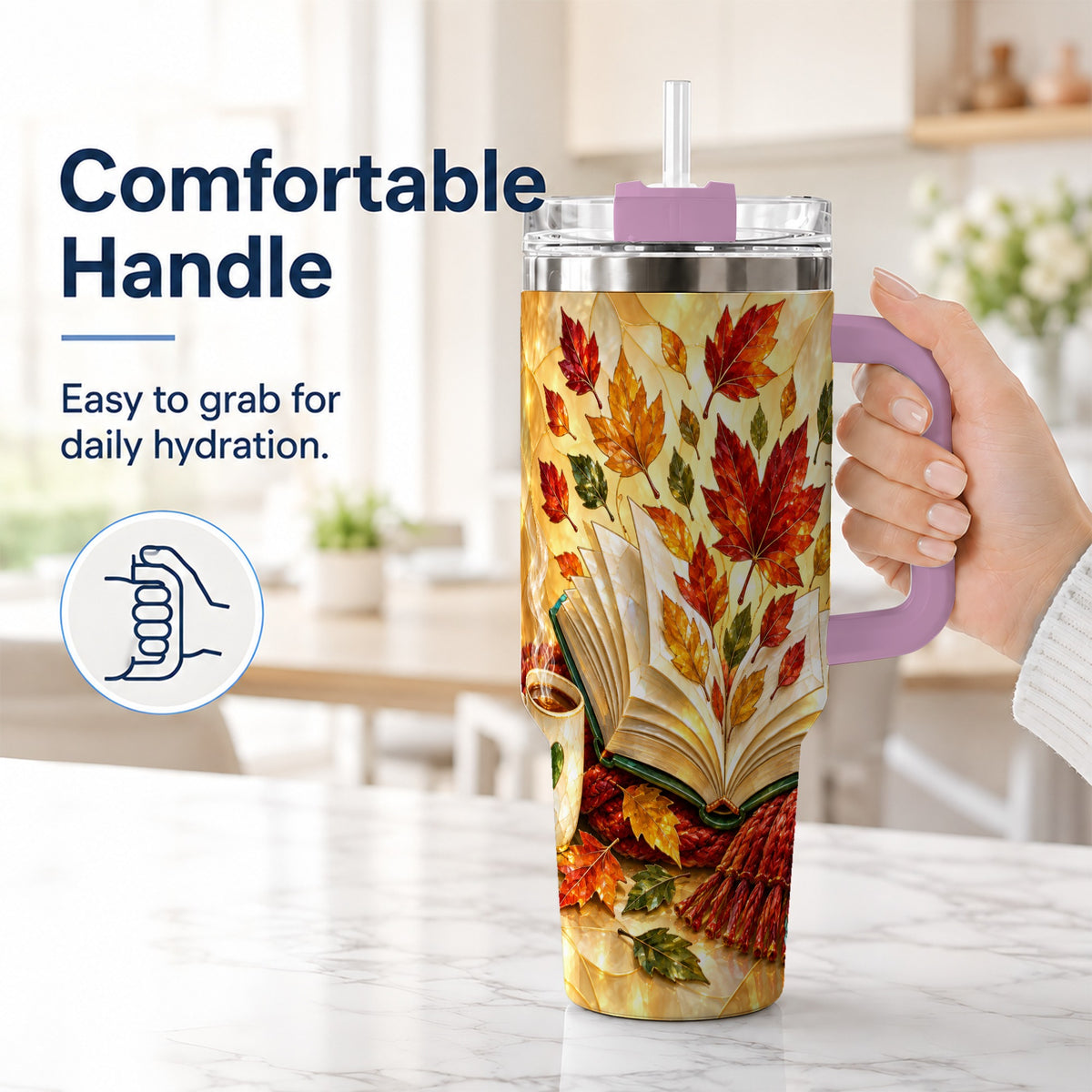 #pl[40oz|Pink] Autumn Book 40oz Tumbler with Handle, Stained Glass Style Steel Cup