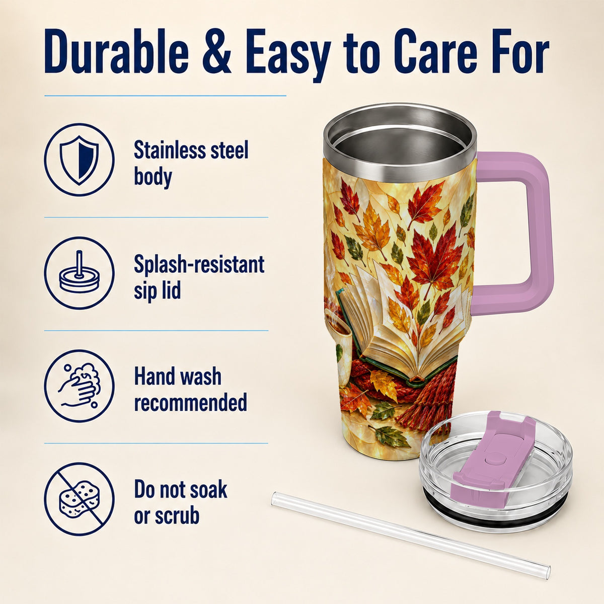 #pl[40oz|Pink] Autumn Book 40oz Tumbler with Handle, Stained Glass Style Steel Cup