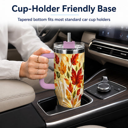 #pl[40oz|Pink] Autumn Book 40oz Tumbler with Handle, Stained Glass Style Steel Cup