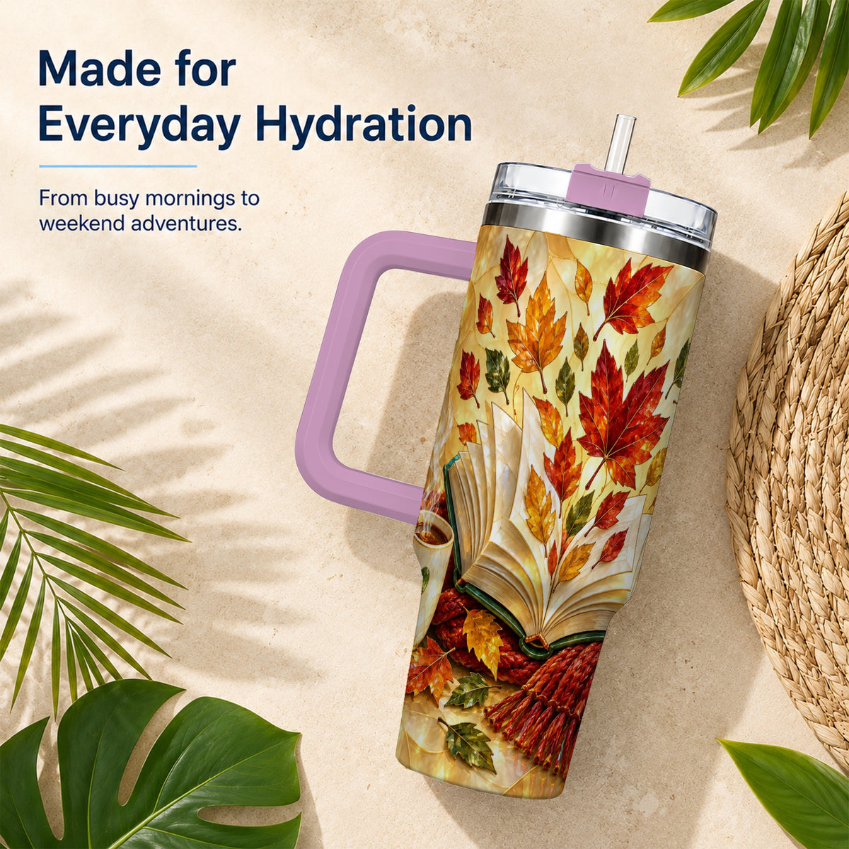 #pl[40oz|Pink] Autumn Book 40oz Tumbler with Handle, Stained Glass Style Steel Cup