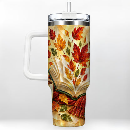 Autumn Book 40oz Tumbler with Handle, Stained Glass Style Steel Cup