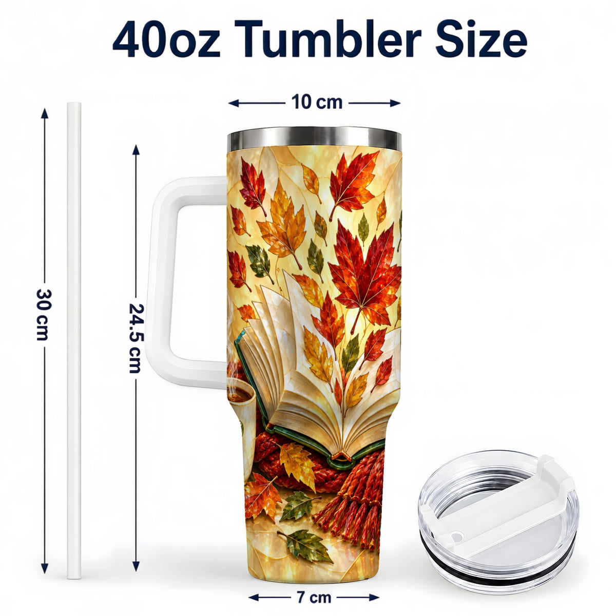 #pl[40oz|White] Autumn Book 40oz Tumbler with Handle, Stained Glass Style Steel Cup