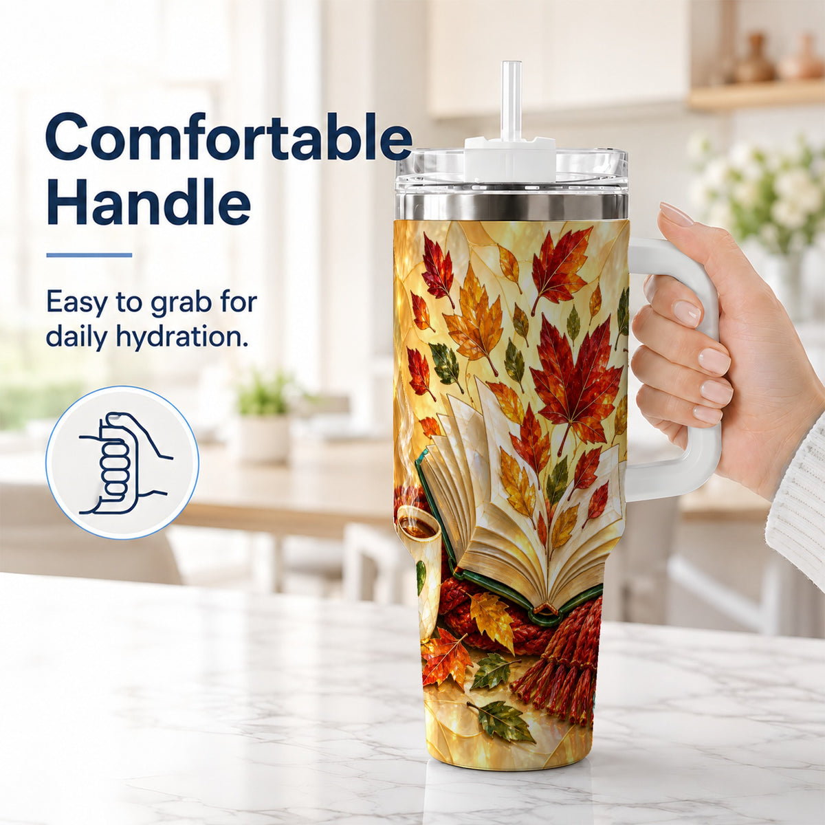 #pl[40oz|White] Autumn Book 40oz Tumbler with Handle, Stained Glass Style Steel Cup