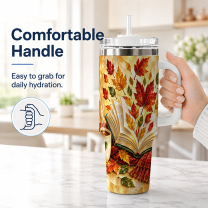 #pl[40oz|White] Autumn Book 40oz Tumbler with Handle, Stained Glass Style Steel Cup