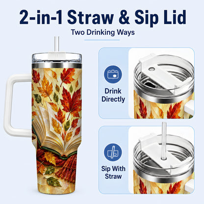 #pl[40oz|White] Autumn Book 40oz Tumbler with Handle, Stained Glass Style Steel Cup