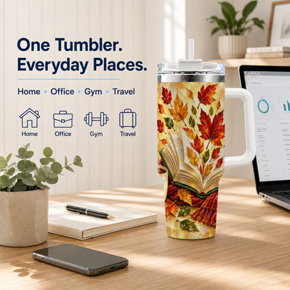 #pl[40oz|White] Autumn Book 40oz Tumbler with Handle, Stained Glass Style Steel Cup