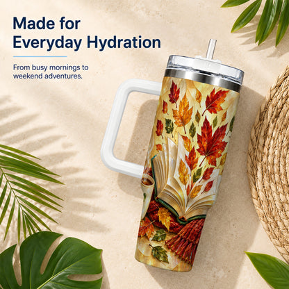 #pl[40oz|White] Autumn Book 40oz Tumbler with Handle, Stained Glass Style Steel Cup