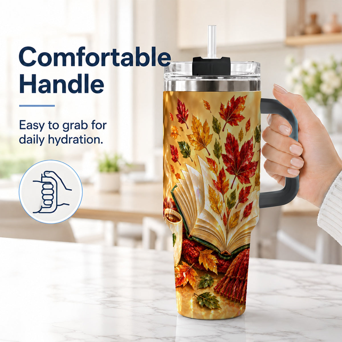 #pl[40oz|Black] Jeweled Autumn 40oz Tumbler with Handle, Cozy Book Stainless Steel Cup