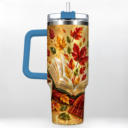 #pl[40oz|Blue] Jeweled Autumn 40oz Tumbler with Handle, Cozy Book Stainless Steel Cup