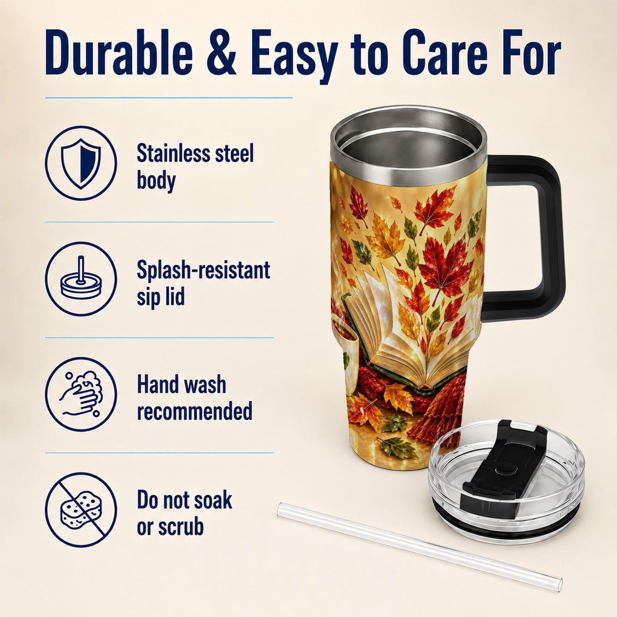 #pl[40oz|Black] Jeweled Autumn 40oz Tumbler with Handle, Cozy Book Stainless Steel Cup