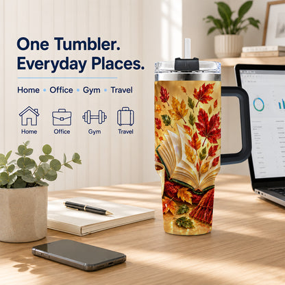 #pl[40oz|Black] Jeweled Autumn 40oz Tumbler with Handle, Cozy Book Stainless Steel Cup