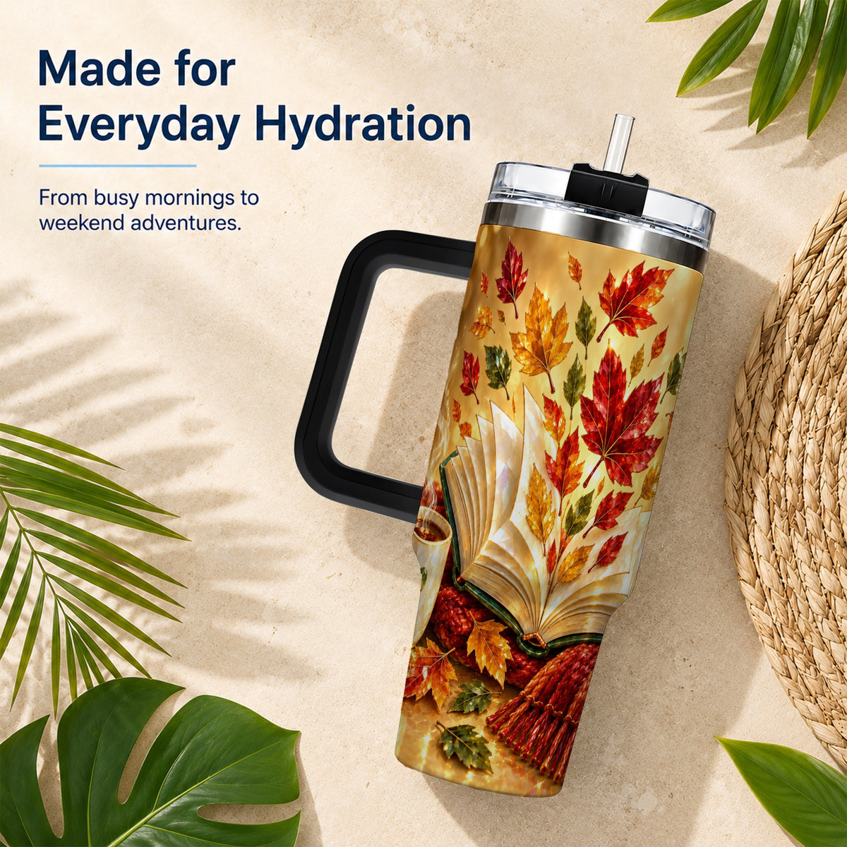 #pl[40oz|Black] Jeweled Autumn 40oz Tumbler with Handle, Cozy Book Stainless Steel Cup