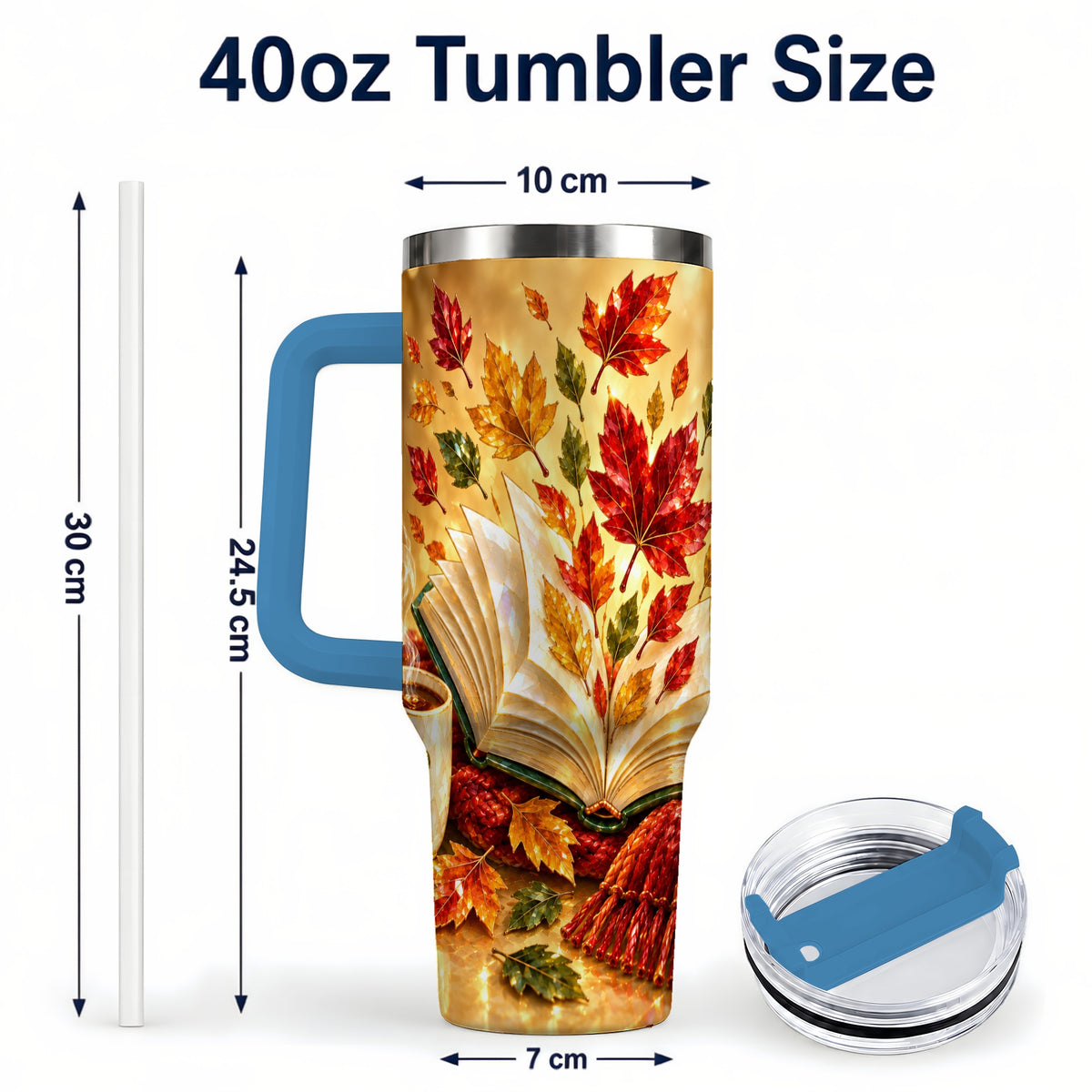 #pl[40oz|Blue] Jeweled Autumn 40oz Tumbler with Handle, Cozy Book Stainless Steel Cup