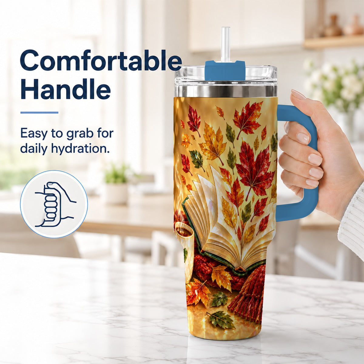 #pl[40oz|Blue] Jeweled Autumn 40oz Tumbler with Handle, Cozy Book Stainless Steel Cup