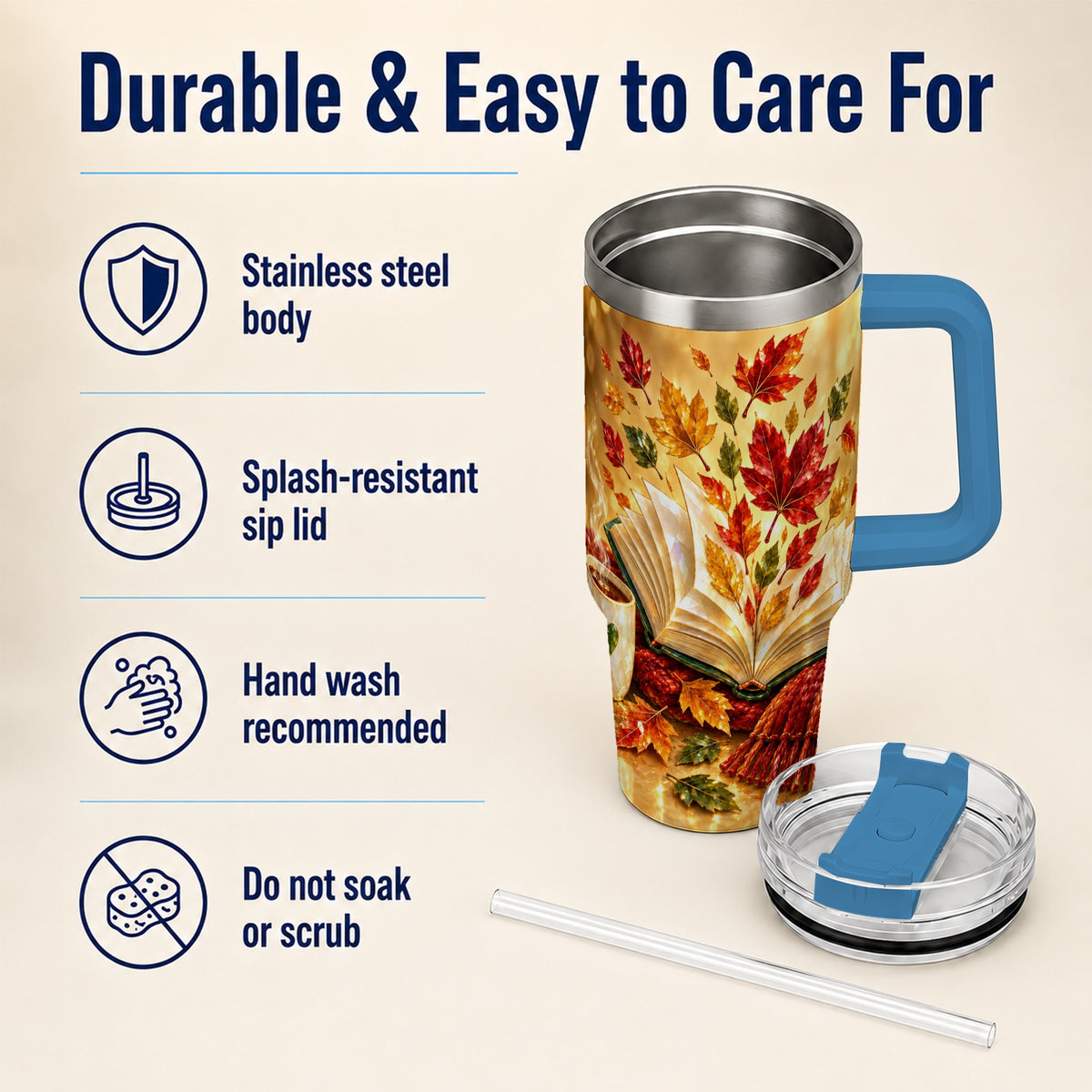 #pl[40oz|Blue] Jeweled Autumn 40oz Tumbler with Handle, Cozy Book Stainless Steel Cup
