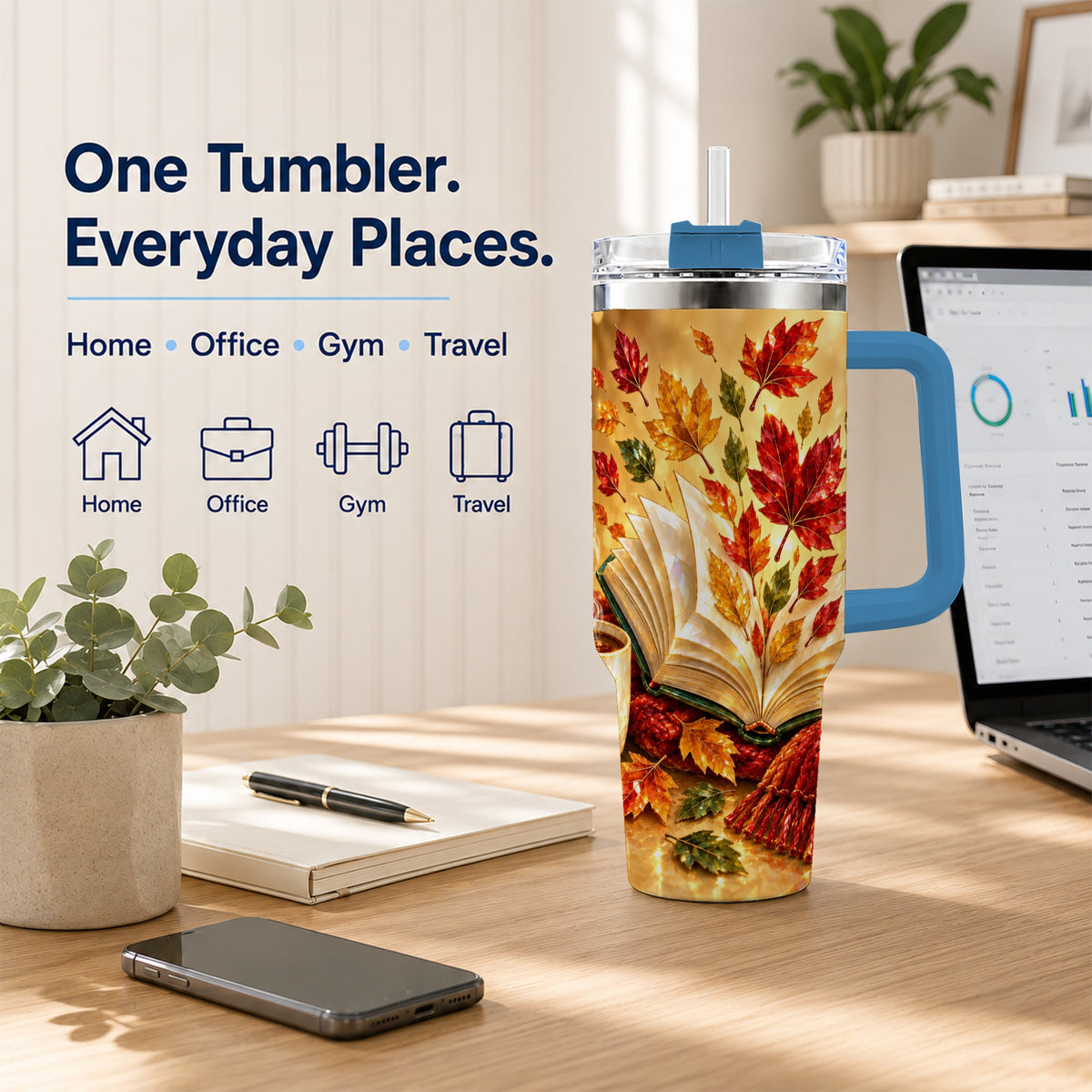 #pl[40oz|Blue] Jeweled Autumn 40oz Tumbler with Handle, Cozy Book Stainless Steel Cup